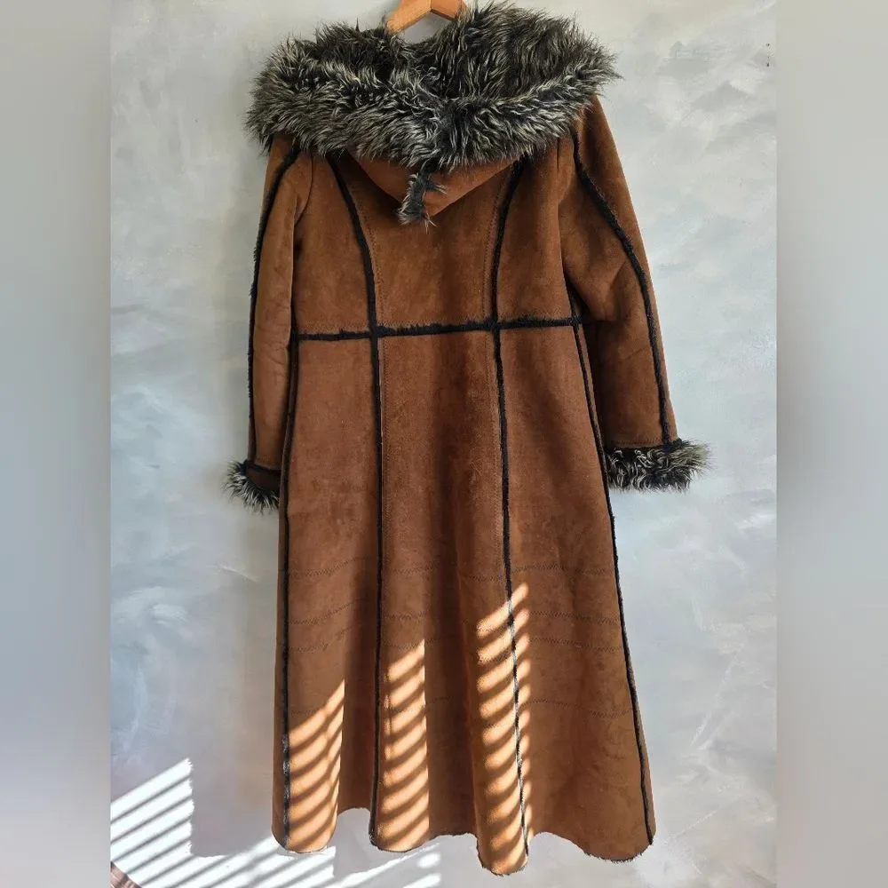 Vtg Brown Faux Suede Fur Hooded Full Length Long Afghan Penny Lane Coat Sz M - Picture 11 of 16